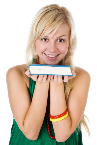 Menina bonita nova com livro sobre o branco — Fotografia de Stock