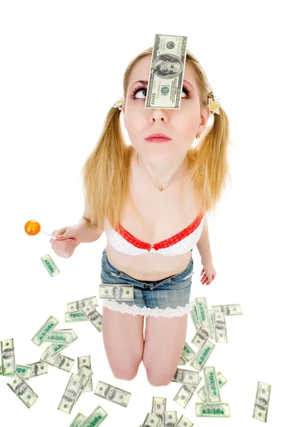 stock image Isolated portrait of lovely young woman with dollars