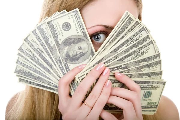 stock image Woman holding money over white background