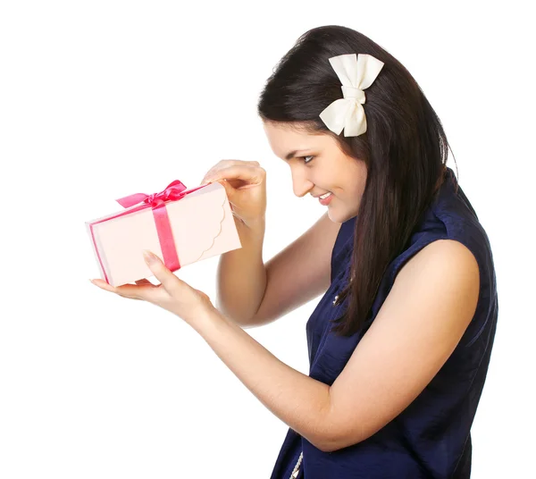 Portrait of a young woman with gifts isolated — Stock Photo, Image