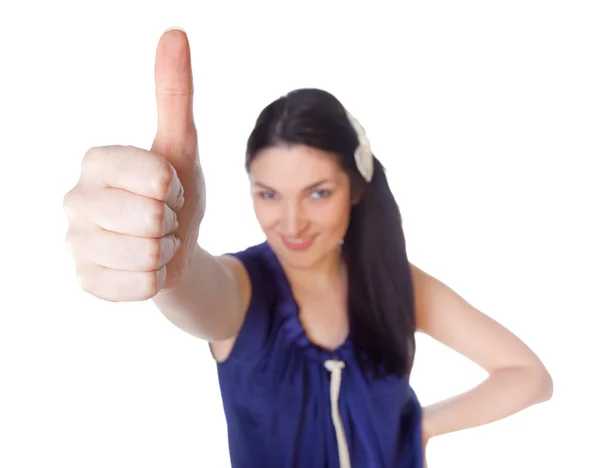 Eine aufgeregte Frau zeigt ein auf weiß isoliertes Erfolgszeichen — Stockfoto