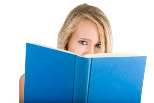 Joven chica bonita con libros sobre el blanco — Foto de Stock