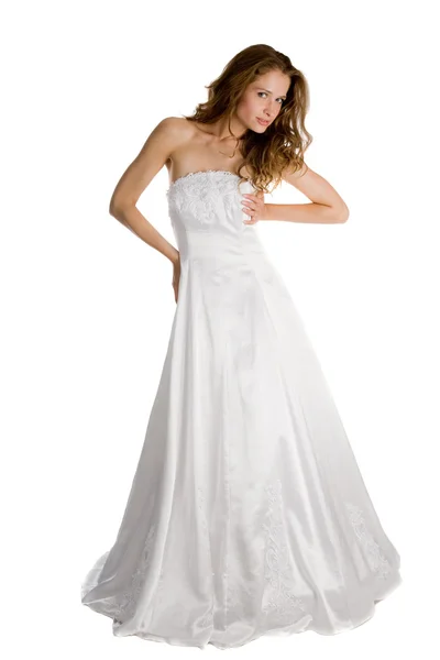Ομορφιά νύφη σε λευκό φόρεμα πάνω από λευκό — Φωτογραφία Αρχείου