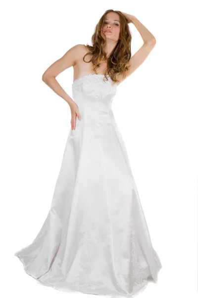 Noiva beleza em vestido branco sobre branco — Fotografia de Stock