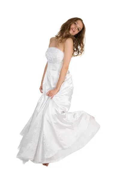 Skönhet brud i vit klänning över vita — Stockfoto