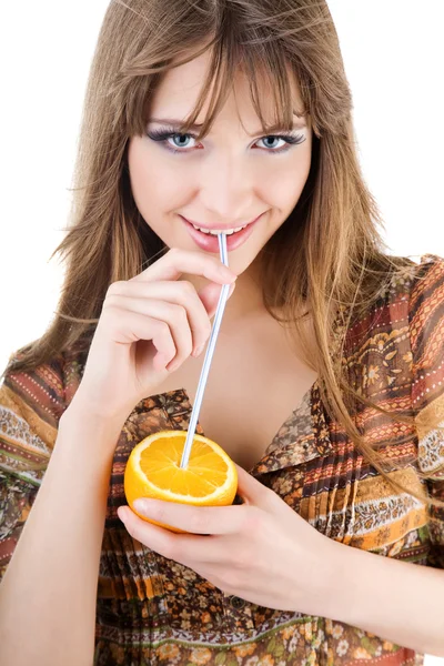 Foto pubblicitaria di bella donna con arancione — Foto Stock