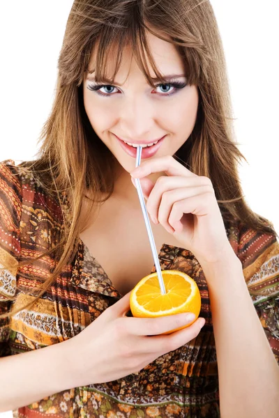 Advertising picture of beautiful woman with orange — Stock Photo, Image