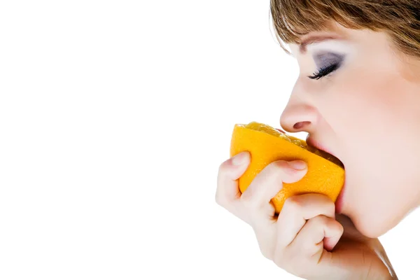 Advertising picture of beautiful woman with orange — Stock Photo, Image