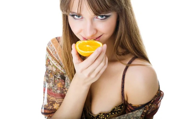 Güzel kadın portakal ile resim reklam — Stok fotoğraf