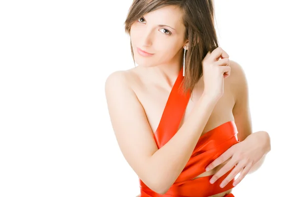 Krásná mladá žena v červené barvě, samostatný — Stock fotografie