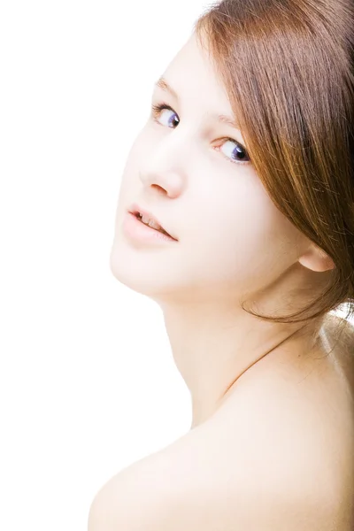 Junge schöne Frau auf weißem Hintergrund — Stockfoto