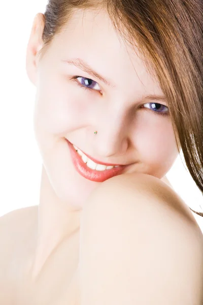 Junge schöne Frau auf weißem Hintergrund — Stockfoto