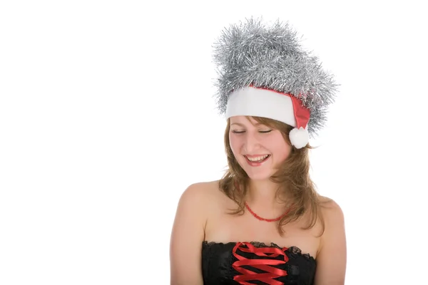 Belle femme avec tinsel brillant et chapeau de Père Noël rouge — Photo