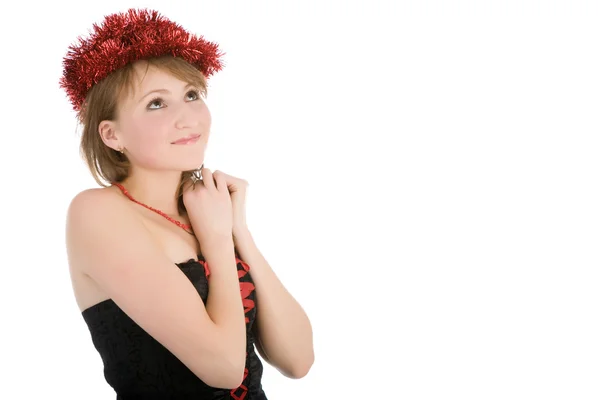 Chica rubia joven con regalo rojo sobre blanco — Foto de Stock