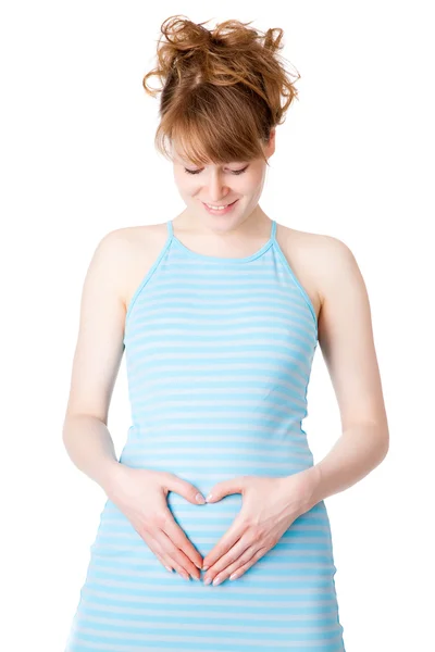 Caucasian woman pregnant on white background — Stock Photo, Image