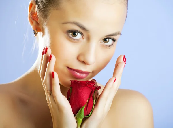 Studio portrait of sensual beautiful woman with rose — Stock Photo, Image