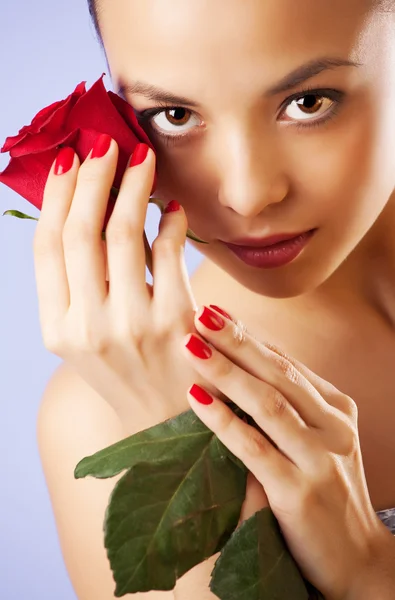 Studio portret zmysłowej pięknej kobiety z różą — Zdjęcie stockowe