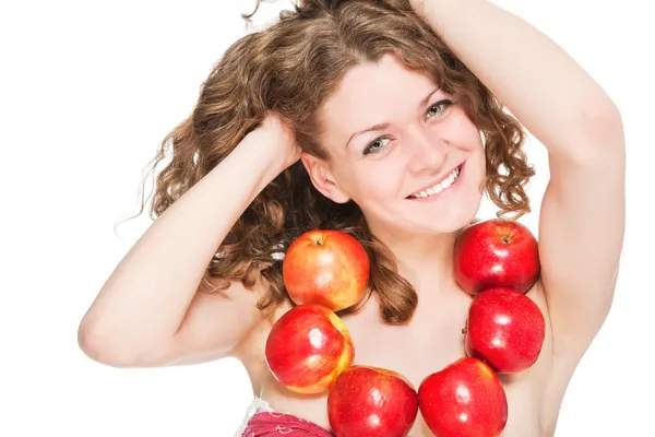 Foto luminosa di bella ragazza con mele rosse isolate — Foto Stock