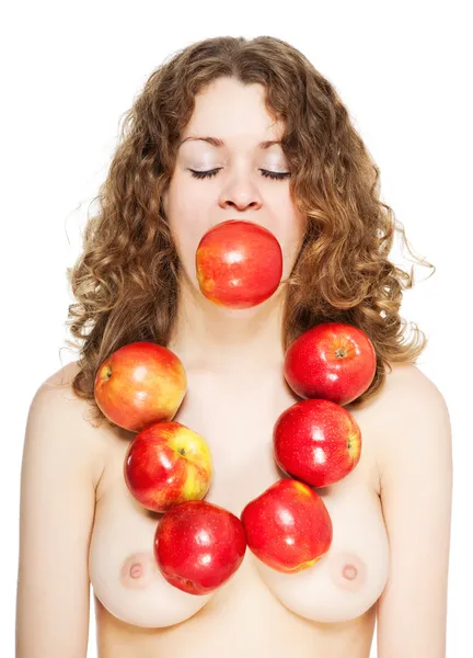 Imagem brilhante da menina encantadora com maçãs vermelhas isoladas — Fotografia de Stock