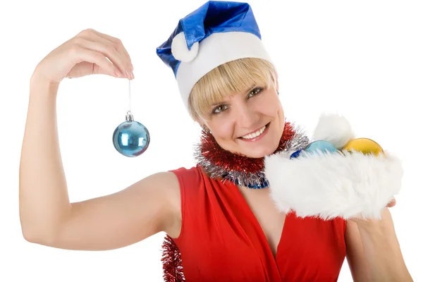 Schöne Mädchen und Weihnachtsgeschenke auf weißem Hintergrund — Stockfoto