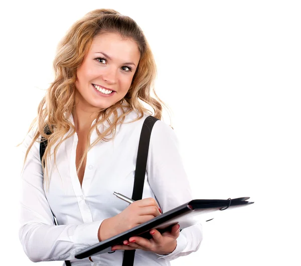 Attractive businesswoman with black folder — Stock Photo, Image