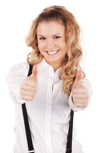 N Aufgeregte Geschäftsfrau zeigt Erfolgszeichen isoliert auf Weiß — Stockfoto