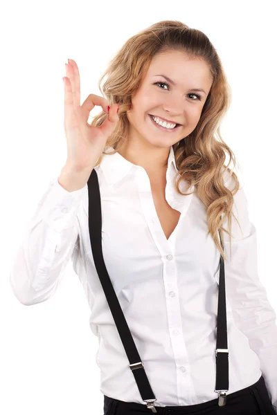 एक उत्तेजित व्यवसायी महिला जो सफेद पर अलग सफलता संकेत दिखाती है — स्टॉक फ़ोटो, इमेज
