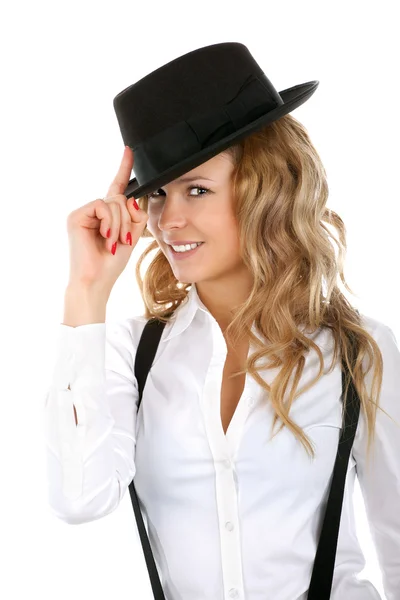 Sexy kobieta z kapelusz i koszula męska — Zdjęcie stockowe