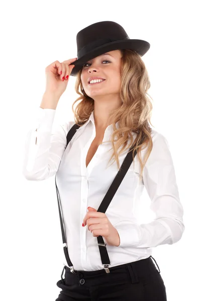 Sexy kobieta z kapelusz i koszula męska — Zdjęcie stockowe