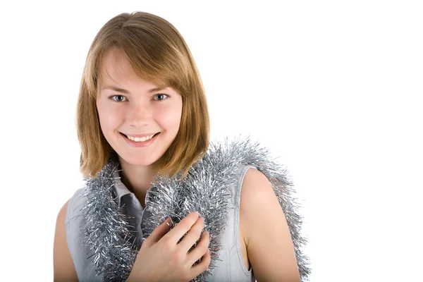Woman portrait with silver tinsel over white — Stock Photo, Image