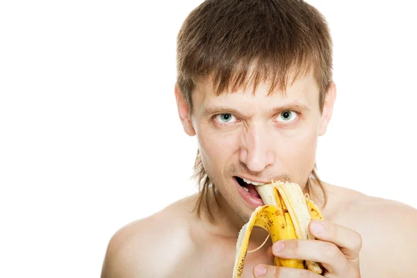 Férfi, banán, elszigetelt — Stock Fotó