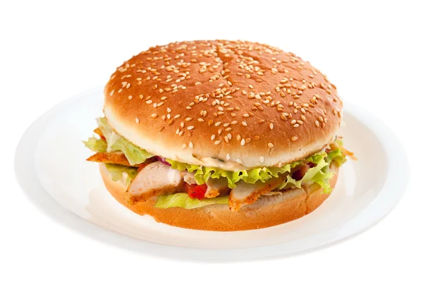 Гамбургер с овощами на белой тарелке изолированы — стоковое фото