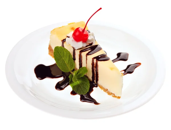 stock image Cheesecake with Chocolate Sauce and Cherries