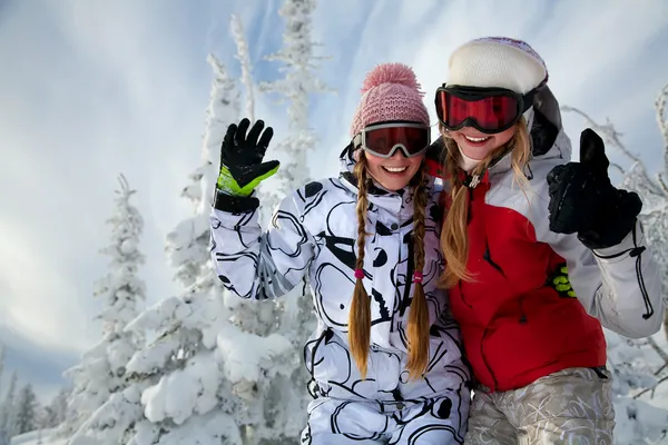 Young happy smiling girls on mountain — Stock Photo, Image