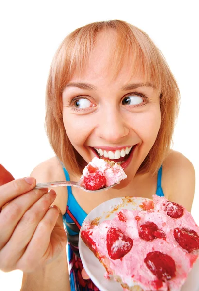 Retrato de menina loira bonita comer bolo — Fotografia de Stock