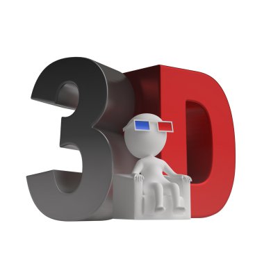 3d adam 3d gözlük ve 3d simgesi bir sandalyede oturmuş. Beyaz backg izole