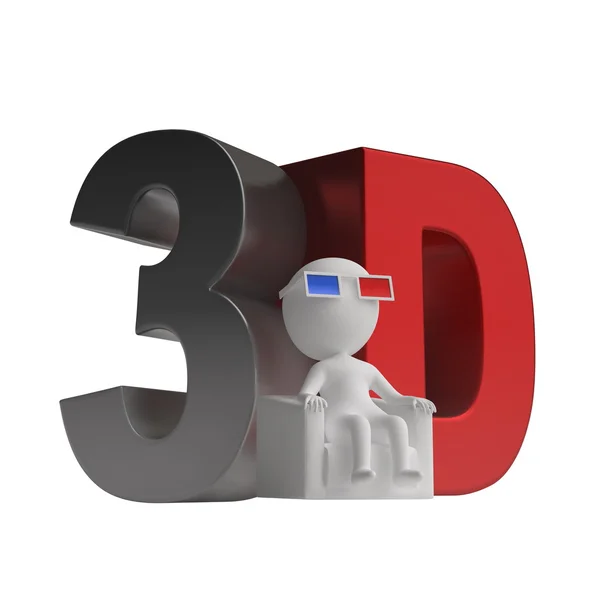 3D mężczyzna siedzi na krześle w okulary 3d i 3d ikona. na białym tle na biały backg — Zdjęcie stockowe