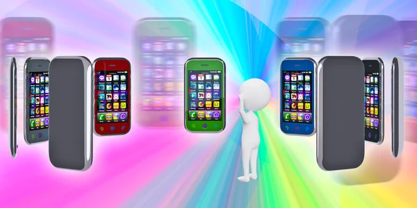 Varios smartphone de pantalla táctil sobre un fondo colorido. 3d pers — Foto de Stock