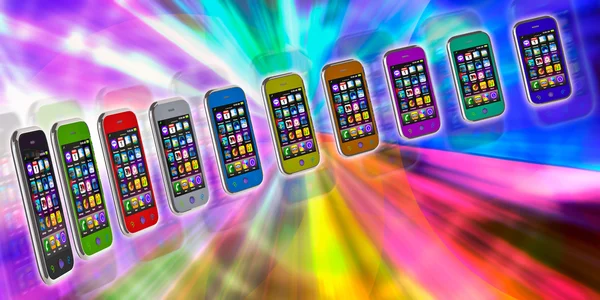 Несколько сенсорных смартфонов на красочном фоне. Cell Sm — стоковое фото