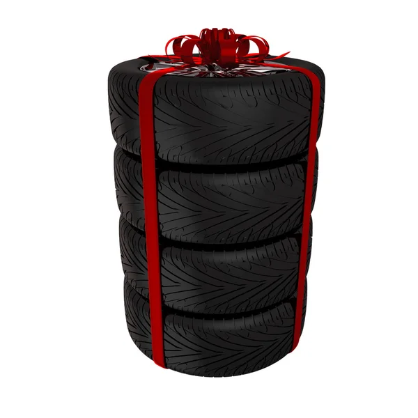 Tire with ribbon - 3d render. Isolated on white background — Stock Photo, Image