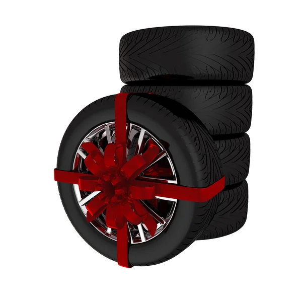 Tire with ribbon - 3d render. Isolated on white background — Stock Photo, Image