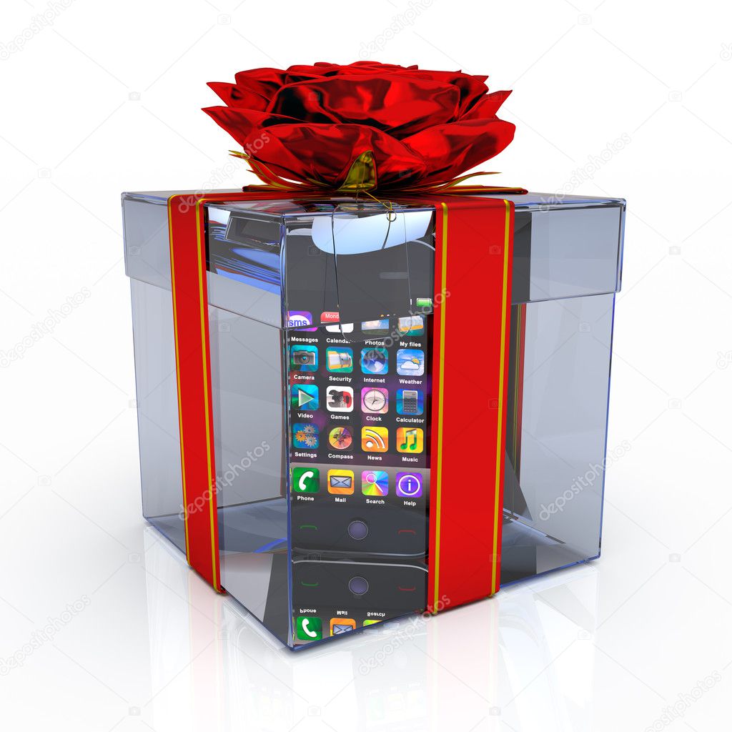 Gift box with smart-phone on the white background