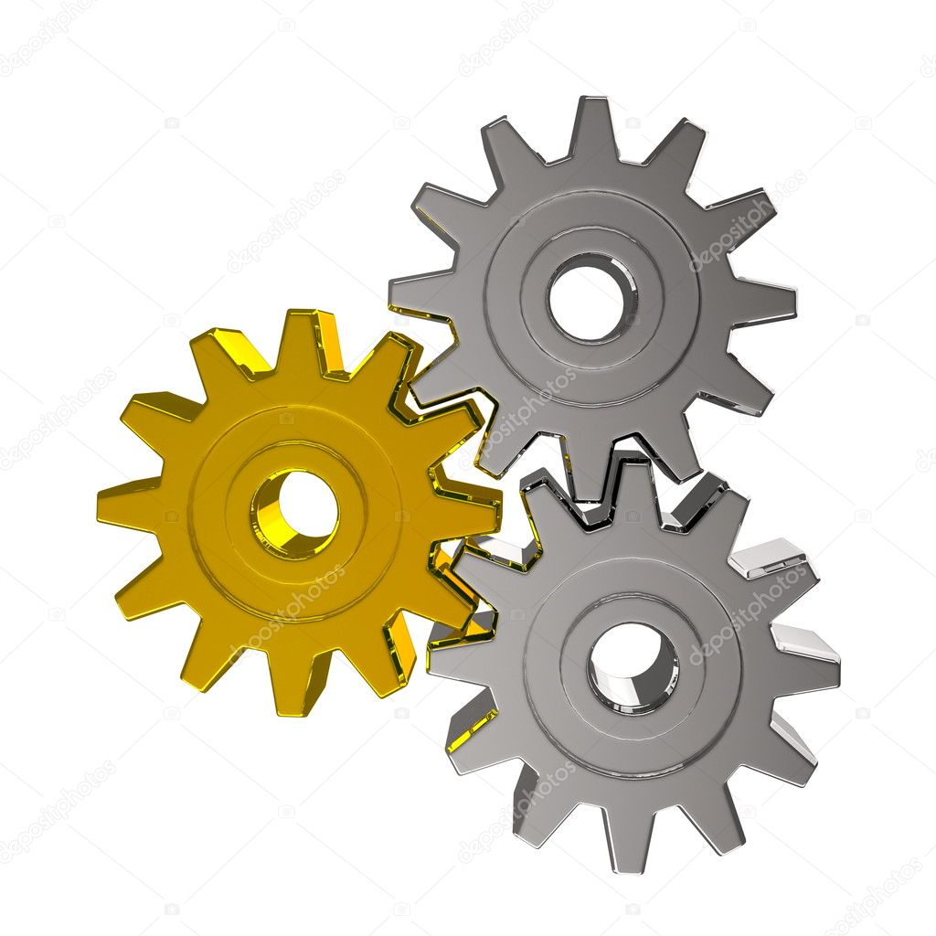 Gold and silver gears isolated over white background