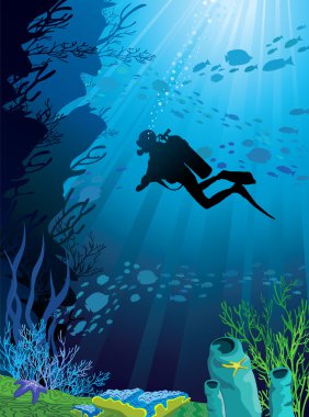 Beautiful coral reef and silhouettes of diver clipart