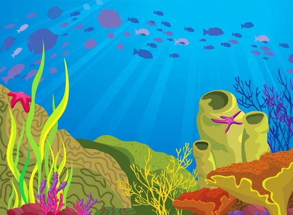 Gekleurde koraal rif en school van vissen — Stockvector