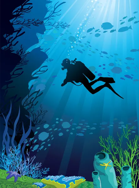 Beautiful coral reef and silhouettes of diver — Stock Vector