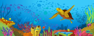 Colored coral reef and yellow turtle