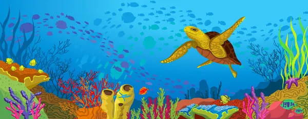 Színes korallzátonyok és a sárga teknős — Stock Vector