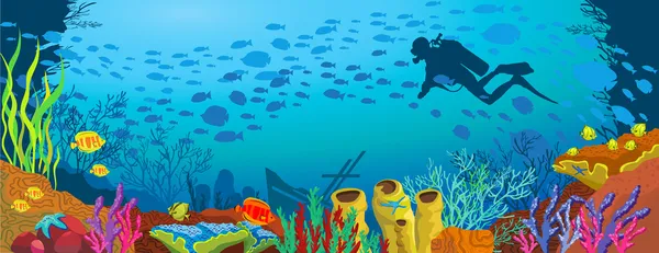 Renkli mercan ve dalgıç karikatür — Stok Vektör