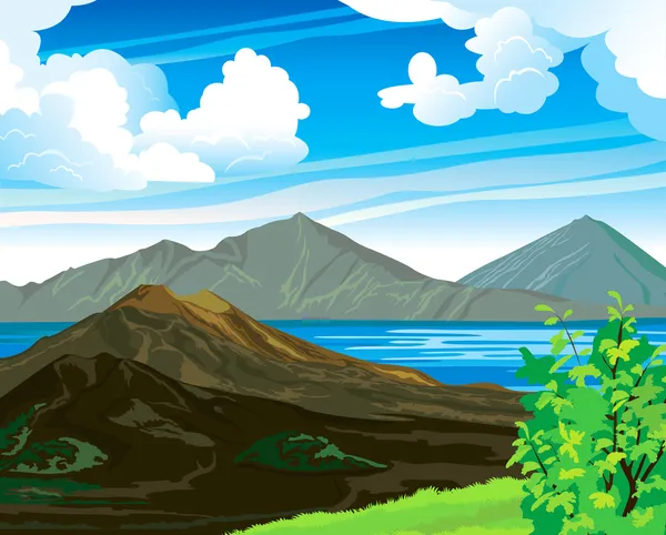Summer landscape with volcano and lake Batur. Indonesia, Bali. — Stock Vector
